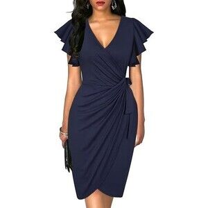 Oten Womens Bodycon Nightout Dress X-LARGE Navy Blue Ruffle Sleeve V-Neck Belted